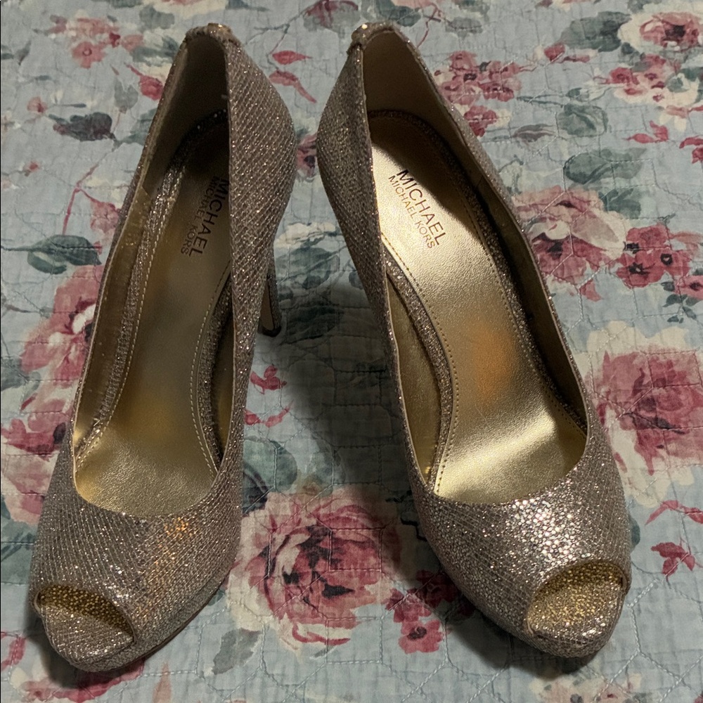 Michael Kors Sparkling Peep Toe Heels - Silver